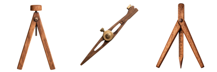 A set of vintage wooden drafting tools showcasing a compass and a triangular ruler, emphasizing traditional craftsmanship.