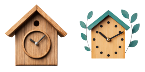 Two wooden clock designs resembling birdhouses, one with a round clock face and the other adorned with green leaves and dots.