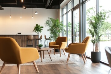 Fototapeta premium Serene Modern Lounge: Yellow Armchairs and Greenery, Perfect Relaxation.