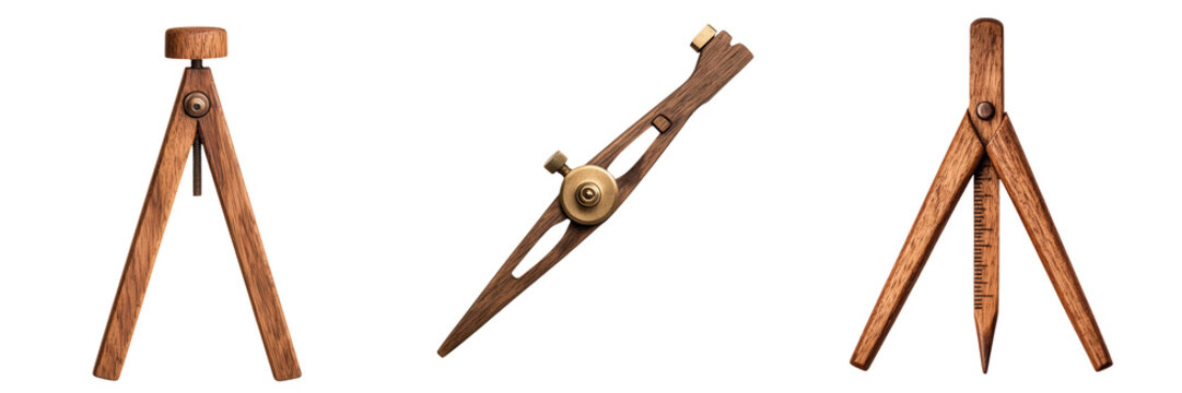 A set of vintage wooden drafting tools showcasing a compass and a triangular ruler, emphasizing traditional craftsmanship.