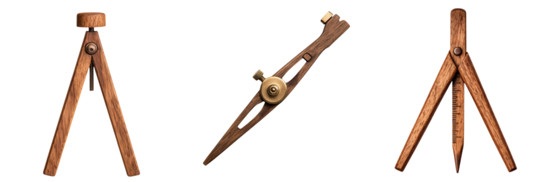 A set of vintage wooden drafting tools showcasing a compass and a triangular ruler, emphasizing traditional craftsmanship.