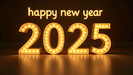 Golden glowing 2025 light bulb numbers with happy new year text for a New Year's celebration.