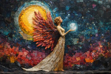 An angel in the night sky in a brightly colored mosaic