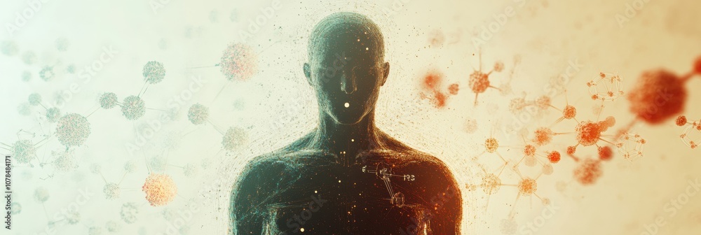 Aufkleber the human silhouette is surrounded by colorful molecules and diagrams, representing the interplay of