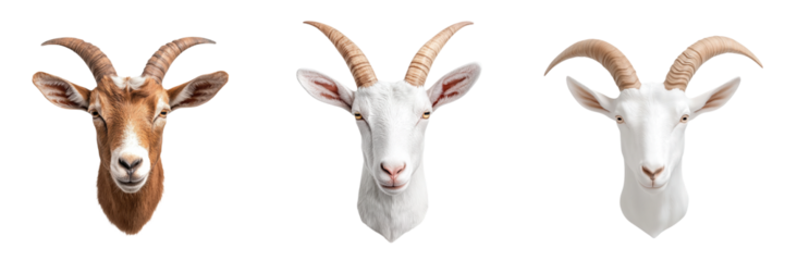 Three goat heads are displayed, showcasing different colors and horn shapes, highlighting their unique features.