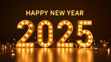Happy New Year 2025 greeting card with illuminated numbers on dark background.