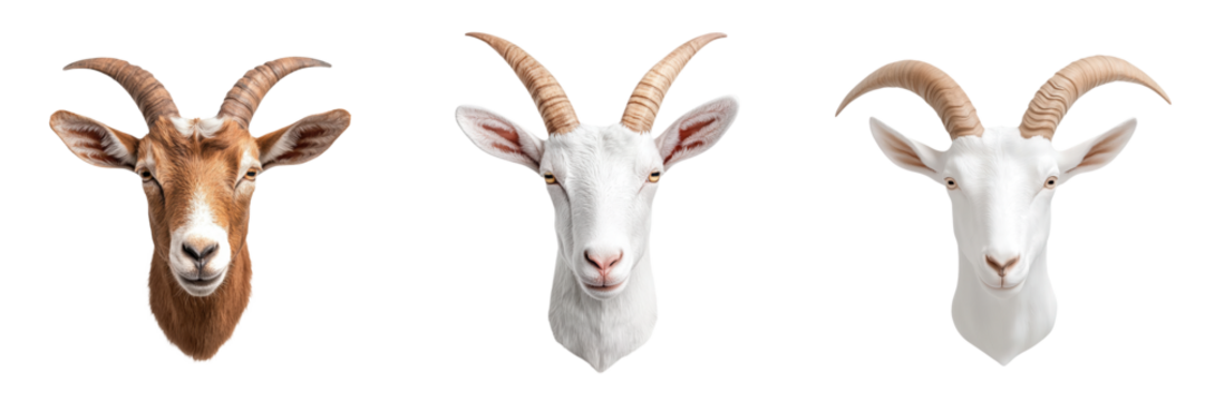 Three goat heads are displayed, showcasing different colors and horn shapes, highlighting their unique features.