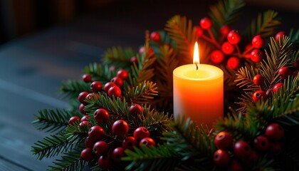 Close up of Christmas wreath with candlelight and copy space
