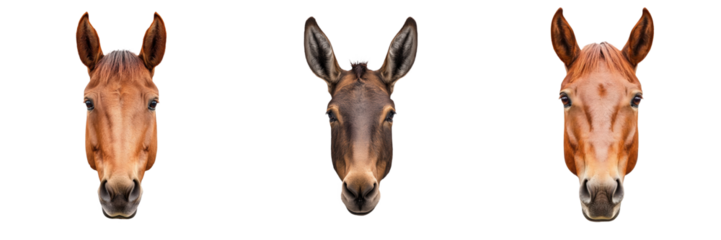 Three horse heads facing forward, showcasing variations in color and breed characteristics.