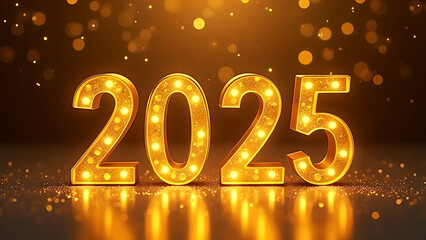 Golden illuminated 2025 year sign with confetti and bokeh lights. New Year, New Beginnings concept.