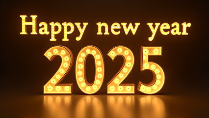 Happy New Year 2025 greeting card. Gold number 2025 with light bulbs in retro style.