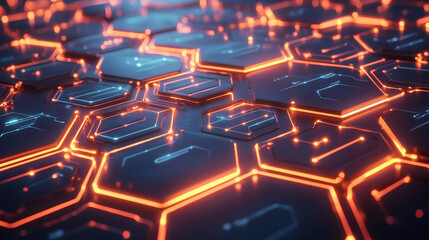 Futuristic hexagonal pattern filled with thin lines interconnecting glowing hexagons. In this background, hexagons represent digital interfaces or tech systems.