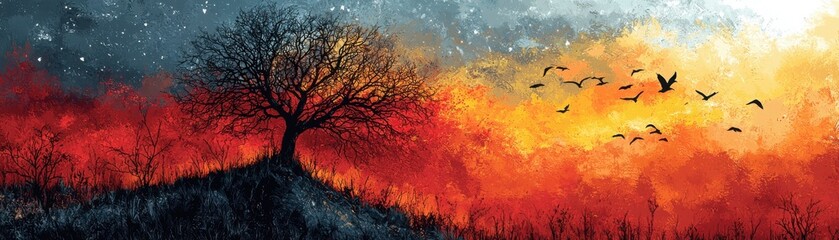 Experience the stunning silhouette of a tree on a slope against a bold colorful night sky