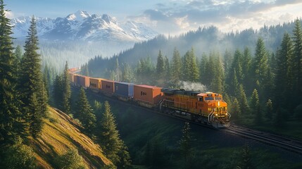 Obraz premium A freight train travels through a scenic mountain pass, hauling cargo containers.