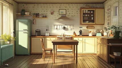A dining table set within a kitchen interior, featuring a fridge and counter. The space highlights a functional and stylish layout, with the table complementing the kitchen's design.