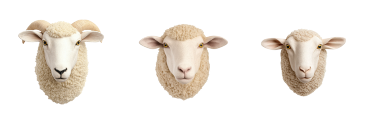 The image features three sheep heads with distinctive woolly textures and prominent facial features.