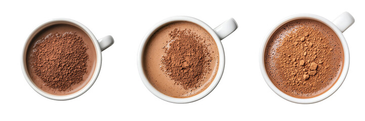 Three cups of hot chocolate topped with a sprinkle of cocoa powder, showcasing a rich, creamy texture.