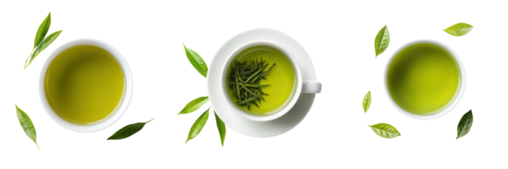 Three cups of vibrant green tea surrounded by fresh leaves, showcasing the beverage's rich color and natural elements.