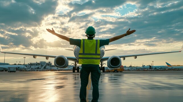 Airport Ground Crew Directing Airplane on Runway During Beautiful Sunrise at the Airfield