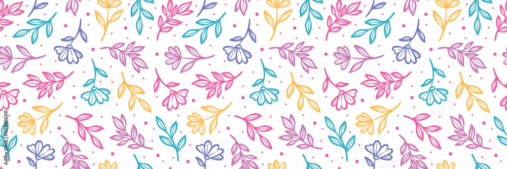 Poster colorful floral vector pattern, seamless repeating flower border print, wide horizontal spring backg