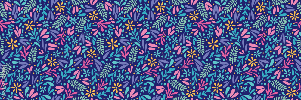Poster dark ditsy print vector banner, floral seamless repeating pattern, flower and leaves flat illustrati