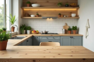 The kitchen features wooden countertops, green plants, and a well-organized layout, highlighting a welcoming ambiance.