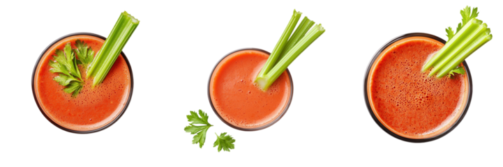 Three vibrant glasses of tomato juice garnished with fresh celery stalks and herbs.