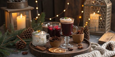 Naklejka premium Cozy Vintage Winter Party Drinks: Hot Cocoa, Mulled Wine, and Festive Cocktails in Rustic Glassware Surrounded by Soft Lighting and Seasonal Decorations