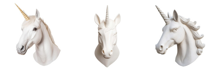 Fototapeta premium Three decorative unicorn head sculptures displayed from different angles, showcasing intricate details and unique horn designs.