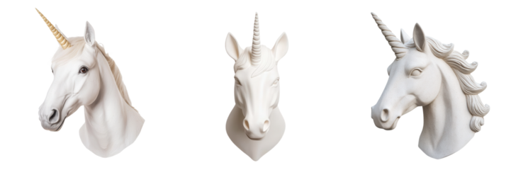 Three decorative unicorn head sculptures displayed from different angles, showcasing intricate details and unique horn designs.