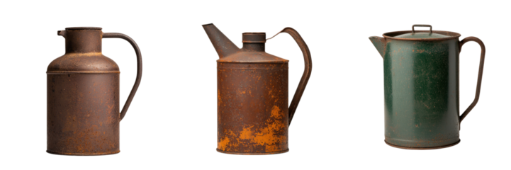 Three vintage metal oil cans with varying degrees of rust and color, showcasing a rustic and weathered appeal.