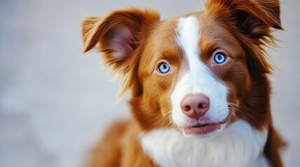 A close up of a dog's face with brown fur and big blue eyes.