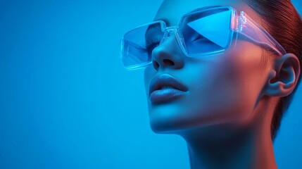 Stylish woman with futuristic glasses in neon lighting