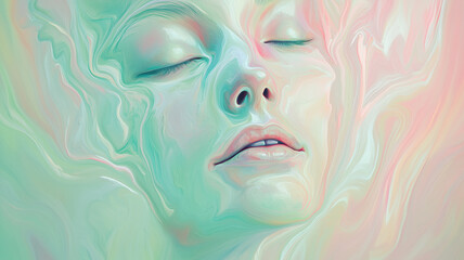 abstract oil painting-style portrait of a person, with the face melting into the background, featuring soft brushstrokes of light green, pink, and lavender, evoking a sense of calm and introspection,
