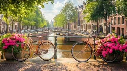 Panoramic view of the historic city center of Amsterdam on a quiet early morning. Traditional houses and bridges line the canals, capturing the essence of Amsterdam. Europe, Netherlands, Holland.