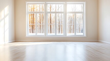 Fototapeta premium Bright room with large windows showcasing outdoor nature in a tranquil setting