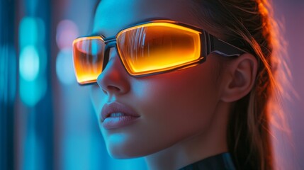 Portrait of woman with orange reflective glasses in neon lighting