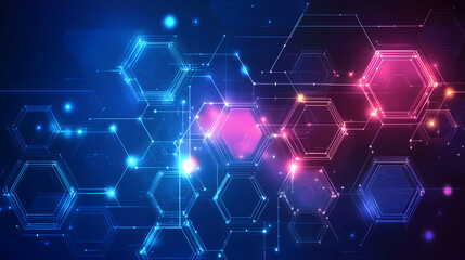 Obraz premium Futuristic hexagonal pattern filled with thin lines interconnecting glowing hexagons. In this background, hexagons represent digital interfaces or tech systems.