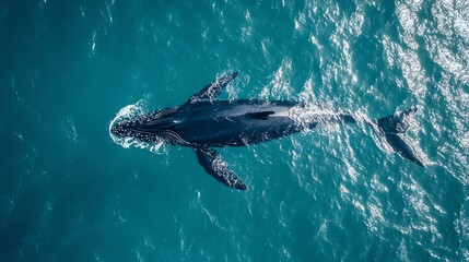Fototapeta premium An aerial view of a humpback whale swimming in the ocean.