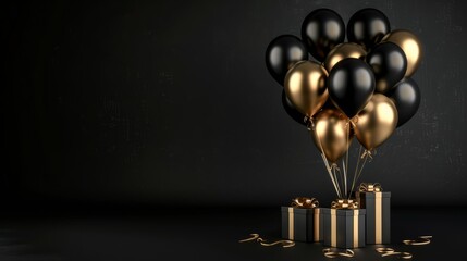 A black and gold balloon bouquet is on top of a black box