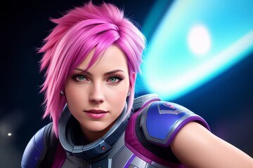 Naklejka premium Futuristic fashion, cyberpunk portrait woman with chrome clothing. Vaporwave, a young female pink hair