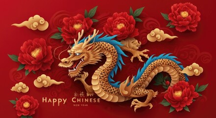 Obraz premium Festive Chinese New Year Celebration with Mythical Dragon and Floral Decorations