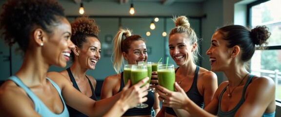Happy women celebrating with healthy green smoothies, fitness lifestyle concept.