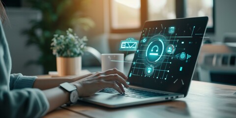 Woman using laptop with customer support interface, concept of online help and assistance.