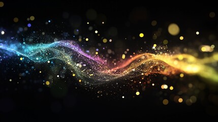 黒い背景と虹色に輝くキラキラした粒子が波の様に舞うCG画像