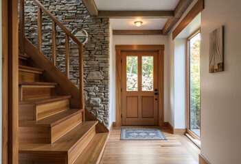 Wooden staircase and stone cladding wall in rustic hallway. Cozy home interior design of modern entrance hall with door.
