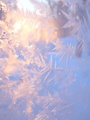  A Close-Up of Frosted Window Crystals Captured in Morning or Evening Sunlight. This 3D Render Utilizes Backlighting to Illuminate the Ice Patterns, Enhancing the Clarity of the Crystal Structures. Th