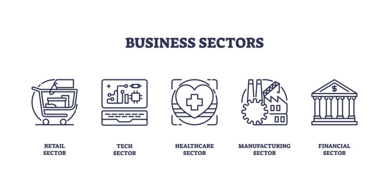Business sectors icons outline showing retail, tech, healthcare, manufacturing, and financial sectors, transparent background. Important objects, cart, laptop, heart. Outline icons set.