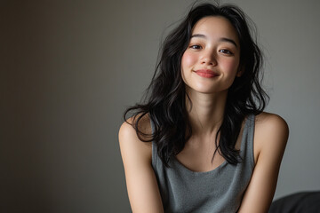 Fototapeta premium Portrait of Asian woman with radiant, glowing skin peaceful expression. focusing on her natural beauty and luminous skin.