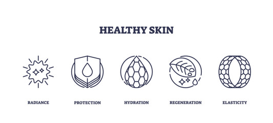 Healthy skin icons depict radiance, protection, hydration, regeneration, and elasticity, transparent background. Outline icons set.